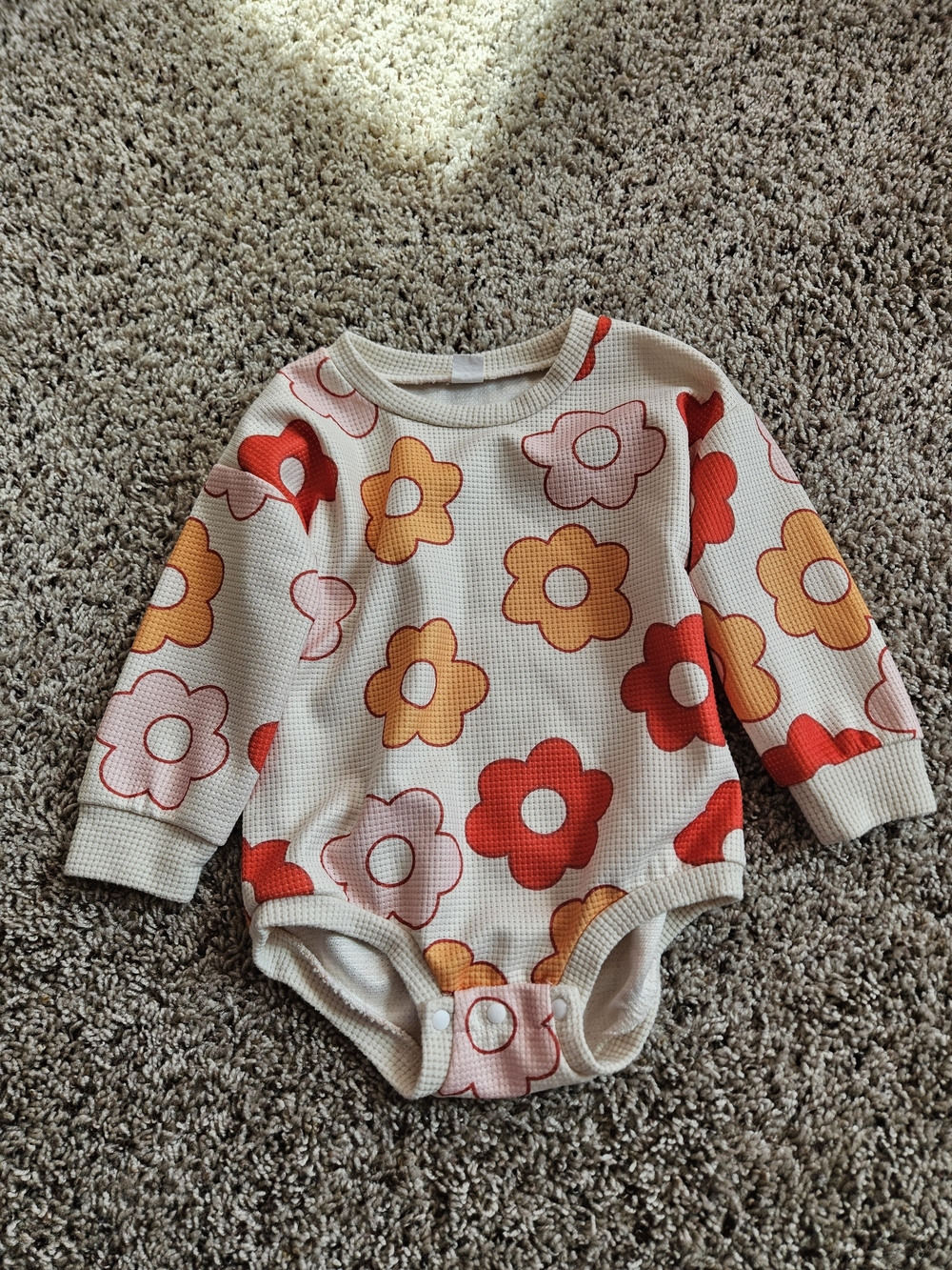 Long-Sleeve Floral Waffle-Knit Baby One-Piece in Cream with Red & Orange Flowers